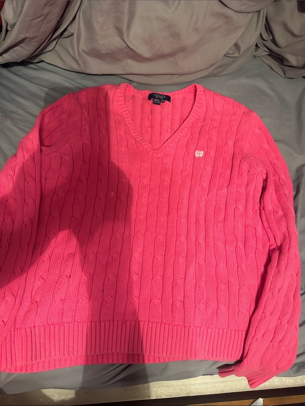 Chaps Womens Cotton Bright Pink Cable-Knit V-Neck Sweater